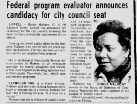 Newspaper article featuring Birdie Malbory courtesy Lowell National Historical Park