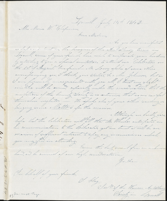 Letter from John Levy, Lowell, [Massachusetts], to Maria Weston Chapman, 1843 July 15